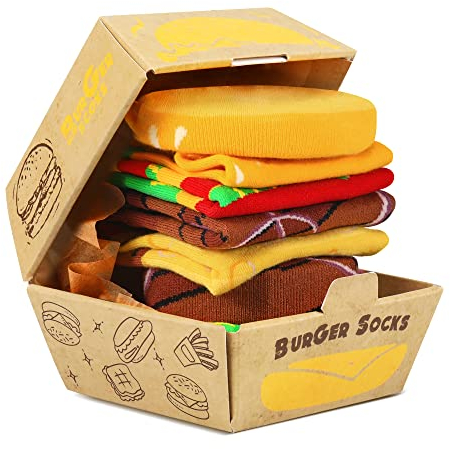 Funny Burger Socks Box for Dad Father Men Women Teenage Boys - Funny Gifts Hamburger Novelty Funky Cool Food Crazy Fun Silly Multipack Socks Fathers Day Easter Christmas Gifts Stocking Fillers
