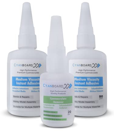 Cyanboard, 2 cianocrilato 50 grs. + 1 limpiador cianocrilato 20 grs. Removedor de pegamento, adhesivo instantáneo, reparaciones, maquetas, modelismo.