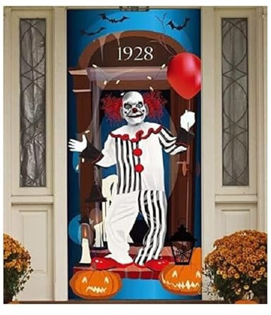 DECSEE Couverture de porte effrayante de clown - Décoration murale d'Halloween - Affiche effrayante - 76 cm x 182 cm