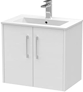Hudson Reed JNU2123B Juno Modern Bathroom Wall Hung 2-Door Vanity with Minimalist Ceramic Basin, 600mm, Woodgrain White Ash