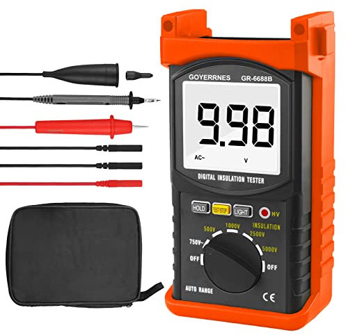 Tester di resistenza dell'isolamento, Megaohmmetro portatile GR-6688B 200 Gig Ohm Resistenza di isolamento digitale con gamma 500V/1000V/2500V/5000V, con retroilluminazione di mantenimento dei dati
