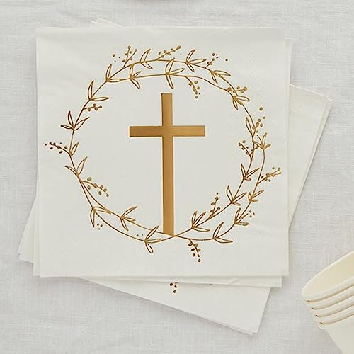 16 Gold Cross Paper Napkins, Christening Baptism Partyware, Childrens Religious Party, Gold Tableware, Communion Party Napkins