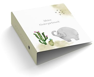 Ringordner | Ordner für Kinder | Name + Wunschtext personalisieren | Elefant mit Kaktus | Mit Griffloch | für DIN A4 | 7,4 cm breit | Schulzeit | Kinderordner | Kindergartenzeit