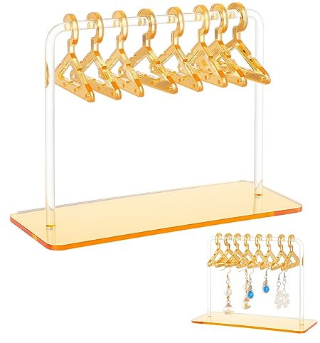 WEBEEDY Présentoir de Boucle d'oreille avec 8pcs Cintres de Boucle d'oreille, Acrylique Balancent Boucle d'oreille Stand Titulaire Organisateur Mini Cintre Bijoux Organisateur Stand, Or