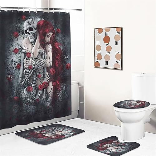 UNAGRI Rideau de douche Tête de mort Rose 180 x 200 cm 180 x 180 cm Gothique Tête de mort Ensemble de rideau de douche en polyester Tissu Tapis de salle de bain Lot de 4 pièces Étanche (1,200 x 200