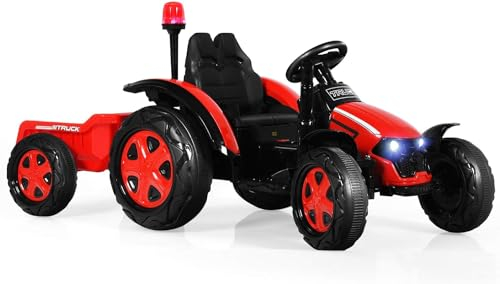 DREAMADE Elektro Traktor für Kinder, Kinder Traktor elektrisch mit abnehmbarem Anhänger & Fernbedienung, Trettraktor mit LED Lichtern, Musik, Hupe & USB, für Kinder ab 3 Jahre (Rot)
