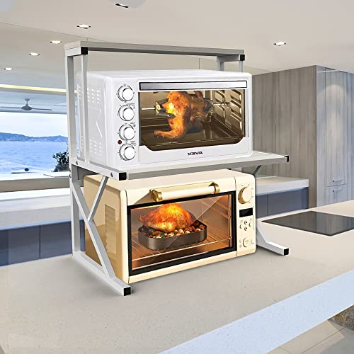 HUOLE Scaffalatura Mobile Scaffale Porta Spezie Microonde Struttura in Metallo con 2 Ripiani Mensole in Legno Organizer Mensola Porta Utensili Strumenti Cucina Design Moderno-65 * 54 * 30c- bianco