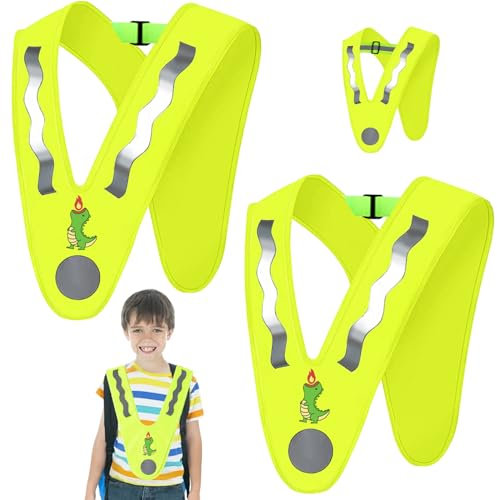 LUKIUP 2 Stück V-Form Warnweste Kinder, Dinosaurier Reflektorweste Kinder Gelb, Warnwesten Auto mit ElastischemBand verhindern Verrutschen Gute Sichtbarkeit, für Sport, Laufen, Fahrrad