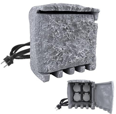 SUBTLETY Gartensteckdose Steinoptik Außensteckdose mit 4 Steckplätzen & 150cm Kabel Mehrfachsteckdosen Außen Inkl. Erdspieß IP44 Wasserdicht Steckdosen Schutzkontaktsteckdosen für Garten Outdoor
