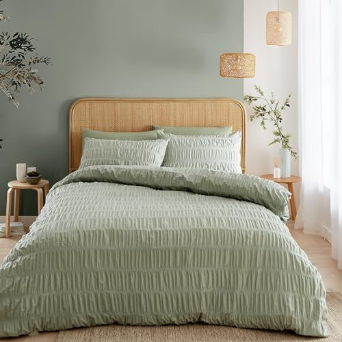 Catherine Lansfield Parure de lit Double en Seersucker avec Housse de Couette et taies d'oreiller Vert Sauge