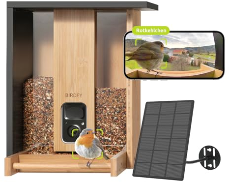 NETVUE by Birdfy Bambus Vogelfutterhaus mit Kamera zur Live Beobachtung, KI Vogelerkennung ohne ABO, 1080P Futterstation mit Nachtsicht, Echtzeit Benachrichtigung, Automatisch Aufnahm bei Vogelbesuch