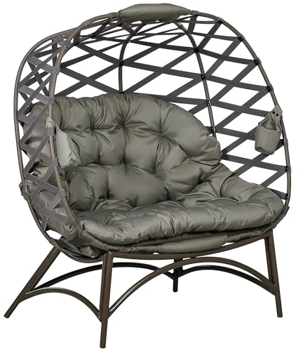 Outsunny Egg Chair Outdoor, 2 Seater Folding Weave Garden Furniture Chair with Cushion, Cup Pockets for Patio Balcony - Sand Brown