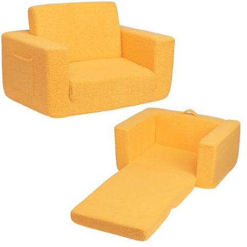 BEJOY Kindersofa Aufklappen 2-in-1 Schlafsofa, Kindersessel, Teddyfell Kinder Couch Sofa Ausklappbar für Kinderzimmer Kindertags- und Geburtstagsgeschenk für Mädchen und Jungen, Königsgelb