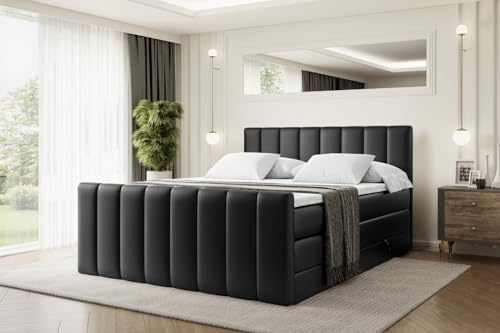 ALTDECOR Boxspringbett mit Matratze und Lattenrost, Topper, Fußteil,Polsterbett mit Bettkasten, Bett mit Stauraum H3- und H4- Matratze, Doppelbett - OTTA-Z King - 180x200 - Schwarz Kunstleder