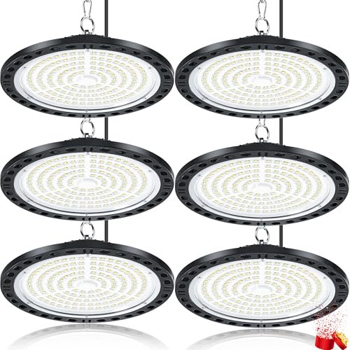 YIQIBRO LED Werkstatt Deckenleuchte 100W 6 Stück, 10000LM UFO Industrielampe Werkstattlampe Deckenleuchte IP65 Wasserdicht Hallenstrahler, 6500K Garagenlampe LED Strahler für Garage Warenhaus Fabriken