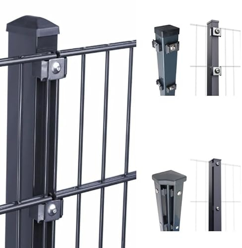 HORI® Doppelstabmattenzaun 656 Basic | Komplett-Set: je 251 cm Gittermatten | Pfosten wahlweise mit Klemmhalter, Abdeckschiene und Eckpfosten Anthrazit RAL 7016 Höhe 143 cm Länge 12.5 m