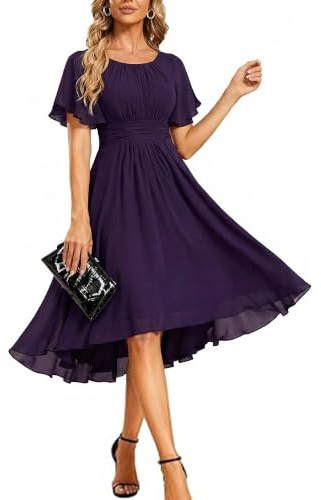 Ever-Pretty Abito Cerimonia Donna Maniche a Volant Chiffon Pieghe al Ginocchio Abito da Sera Elegante EG02053