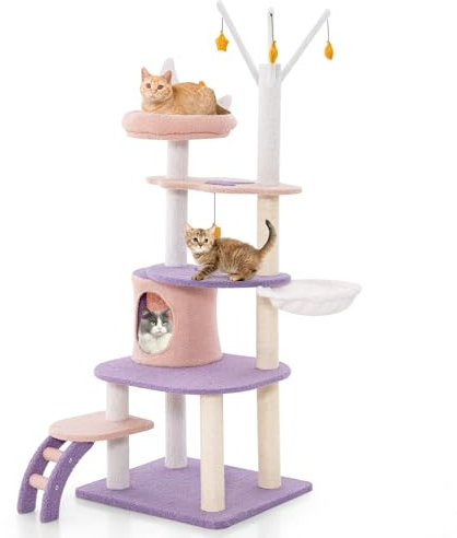 COSTWAY Arbre à Chat Mignon de 158 CM, Centre d'Activité Multicouche avec Hamac, Panier et Condo, Tour à Chat avec Grattoir en Sisal, Échelle et Jouets Suspendus, Charge 15 KG Chaque Couche