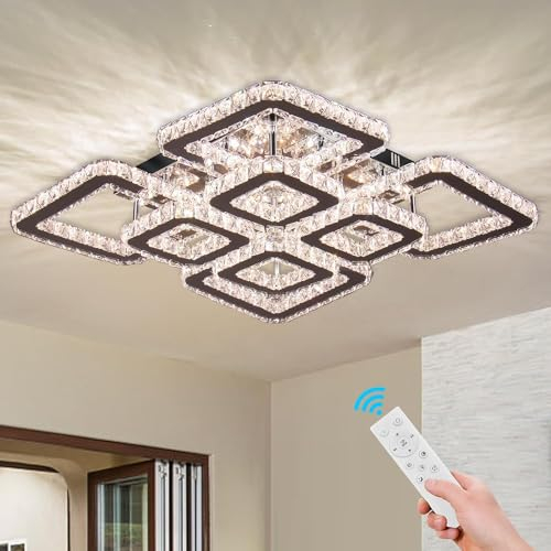 FRIXCHUR Dimmbare Kristall Kronleuchter Quadratische Kristall Unterputz Deckenleuchte 8-Leuchten Led Deckenleuchte Led Kronleuchter für Schlafzimmer Esszimmer Wohnzimmer,Dia 50 cm