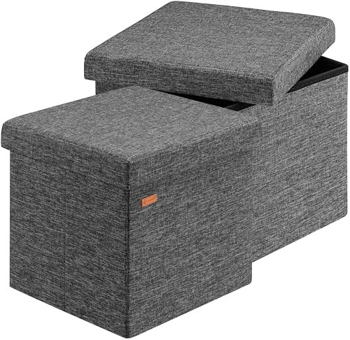 CASARIA® 2x 38cm Square Foldable Stool with Storage Space | Linen with Removable Padded Lid | 38x38cm Ottoman | 40 Litre Capacity Chest | Shoe Accessory Store Box | Set of 2 | Dark Grey