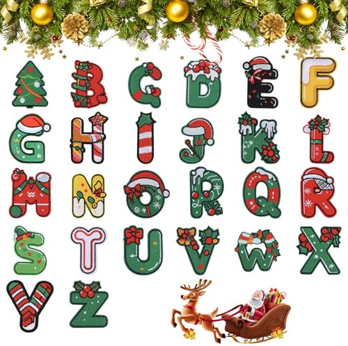 BRTNUP 26pcs Iron On Christmas Patches Letter A to Z Sew Applique Kit Embroidered Alphabet Patches for Bags Clothes Christmas Costume Decoration or Repairing and DIY Jeans Clothing Cap