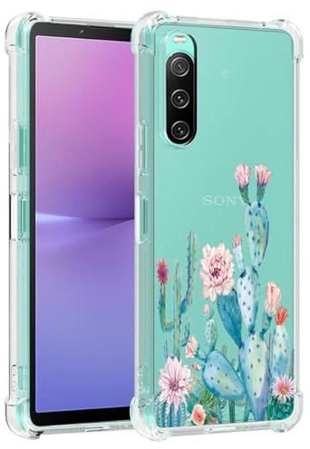 Sidande Hülle für Xperia 10 V/Sony 10V XQ-DC72 Handyhülle für Mädchen Frauen, Transparentes Blumenmuster Soft Flexible TPU Slim Handy Schutzhülle für Sony Xperia 10 V Kaktus