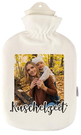 Herz & Heim® personalisierte Wärmflasche mit waschbaren Bezug - verschiedene Designs - perfekte Geschenkidee (Foto Kuschelzeit)