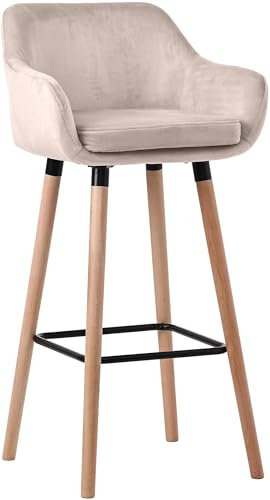 CLP Barhocker Grant mit Samtbezug I Thekenhocker gepolstert und mit Rückenlehne I Gestell aus Buchenholz bis 150 kg belastbar, Farbe:Creme