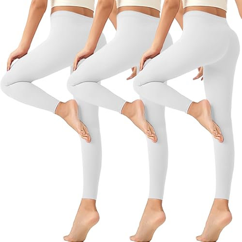 Geyuwoz Sport Leggings Damen Sportleggins Blickdicht Leggins Weisse Baumwolle Leggings Weiße Hose Damen Elastisch Sporthose Yogahose Fitnesshose Laufhose WH M 3er