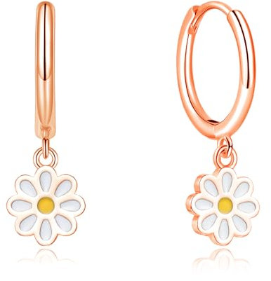 Cangall Silver & Rose Gold Hoop Earrings with Daisy Dangling, Hypoallergenic Minimalist Cartilage Flower Sleeper Earrings