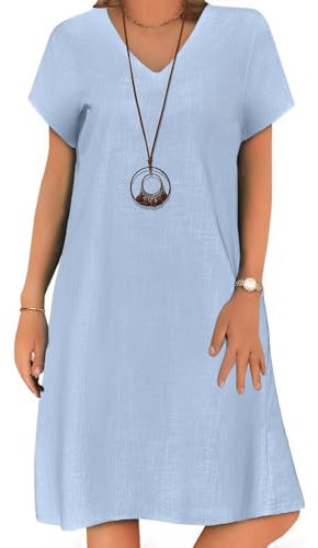 Zeagoo Strandkleid Damen Kleider 1Sommerkleid Knielang Leinenkleid Kurzarm Kleider V Ausschnitt 100% Baumwolle Shirtkleider Casual mit Taschen Hemdkleid A-Linie Freizeitkleid Einfarbig Hellblau M