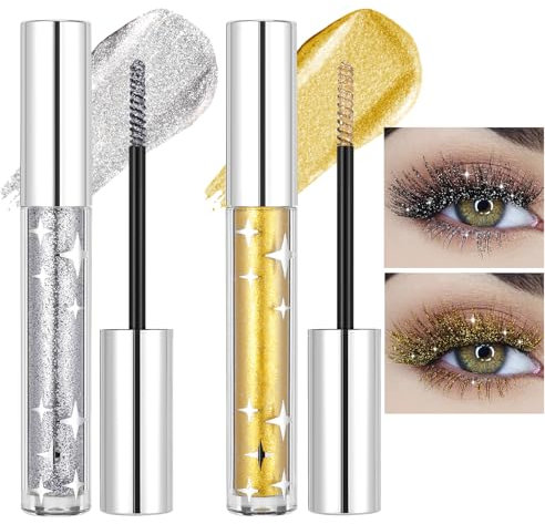 Prreal 2 Colors Glitter Mascara Set, Long Lasting Glitter Lash Mascara, Coloured Mascara Waterproof, Diamond Sparkling Eye Make-Up, Silver Gold Mascara