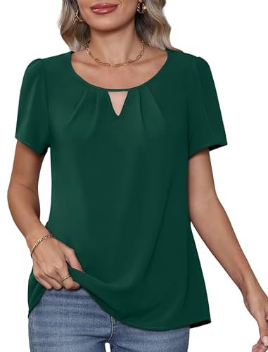 YGJIEGENG Womens Summer Tops, Short Sleeve Blouses, Dark Green, S