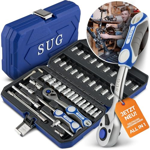 SUG - Werkzeugkoffer gefüllt 46-tlg - Kleiner Steckschlüsselsatz 1/4 Umschaltknarre komplett bestückt - Werkzeugkasten/Ratschenkasten für Profi und Haushalt - Steckschlüssel Set/Knarrenkasten 72 Zähne