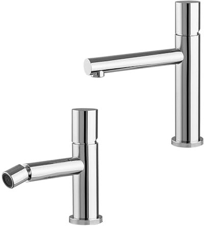 Set miscelatori lavabo e bidet cromo senza leva in acciaio inox, manopola rotante e indicatori per l’acqua, GEMINI