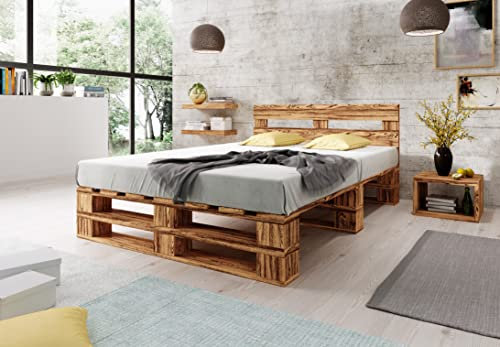 Lermowood Palettenbett M2 aus Holz 200 x 200 cm Geflammt mit Kopfteil Holzbett 30cm Stabiles Seniorenbett Kinderbett Jugendbett Gästebett erhöhtes Einzelbett Bettgestell Futon Komforthöhe Naturholz