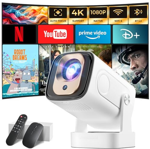 Projector [Auto Focus & 1080P Native & Built-in Apps] 4K Support Auto Correction WiFi 6 Bluetooth 5.4 Air Remote Mini Portable Projector Compatible with HDMI/TV Stick/Memory Stick/Laptop, White