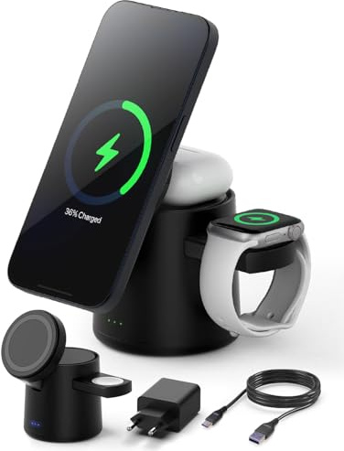 Caricatore Wireless Magnetico 3 in 1, Ricarica Senza Fili a 18W, Base Compatta e Regolabile, Funzione di Ricarica Rapida con Angolo Pieghevole a 70° per iPhone 16/15/14/13, Apple Watch e AirPods