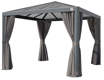 PRIMEYARD Gartenpavillon 3x3 m mit Polycarbonatdach - Hardtop Pavillon mit 4 Seitenteilen in Grau