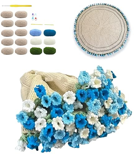 Crochet Flowers Rose Bouquet Blanket- DIY Crochet Flower Bouquet Kit[Need to Weave by Yourself] - Handmade Rose Blanket,for Home Decor100*100CM (Blue)