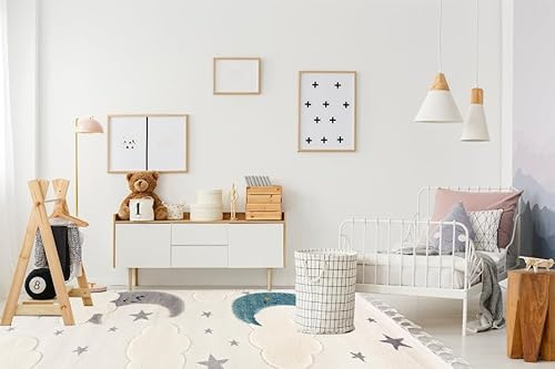 Mazovia Teppich Kinderzimmer 140x200cm Creme Sterne Kinder 3D-Muster | Teppich für Wohnzimmer Schlafzimmer Esszimmer Büro Beige Pflegeleicht Tierfreundlich Allergikerfreundlich Mittelflor Stilvoll