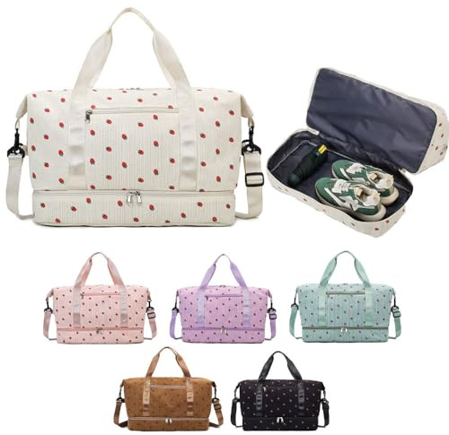 Cord Erdbeer Sporttasche Damen Groß,Sporttasche mit Schuhfach und Nassfach,Reisetasche Groß,Weekender Damen,Schwimmtasche Mädchen,Gym Tasche (braun)