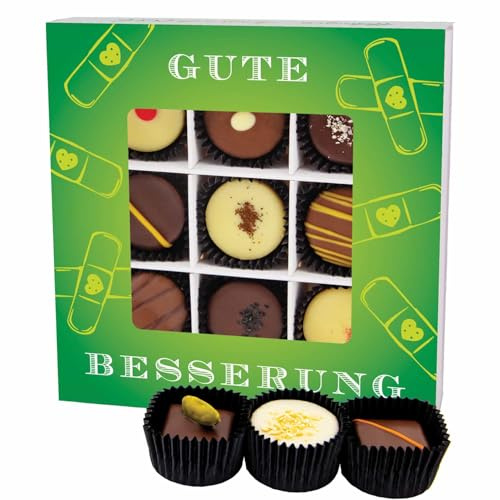 Hallingers Genuss Manufaktur Pralinen Glückwunsch-Geschenk - ohne Alkohol, handmade aus Confiserie-Edelkakao in wertiger L-Geschenkbox Gute Besserung, Geschenkidee für Frauen Männer