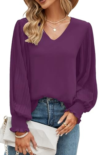 Odosalii Womens Tops Pleated Lantern Sleeve V-Neck Shirts Elegant Blouse | Solid Color Long Sleeve Smart Top UK Loose Casual Chiffon Blouses Work Tunic Evening Party Going Out Modest Dressy Clothes
