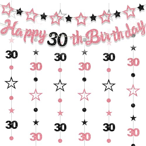 30th Birthday Decorations Set Women - 8 Pcs Black and Rose Gold Happy 30th Birthday Banner, Star Shaped Banners and Star Streamers for 30th Party Celebration and Birthday Party Decor