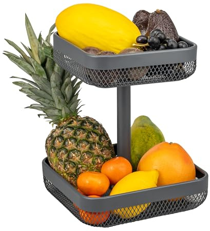 eluno 2-stöckige eckige Obstetagere/ Brotkorb, Körbe mit 20 x 20 cm und 25 x 25 cm, Obstkorb für die Lagerung von Obst, Gemüse, Brot, Gewürzen und Snacks in Küche und Wohnzimmer, aus Metall (Grau)