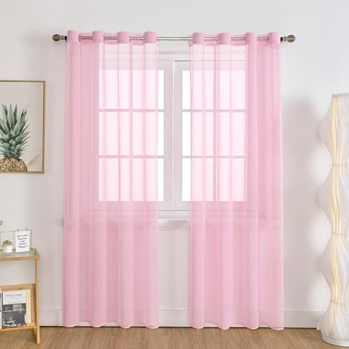 Gazal Vole Pink Sheer Curtains for Girls Bedroom & Salon, 84 inch Drop High-Density Light Filtering Eyelet Voile Panels, Privacy Window Room Divider for Nursery Room Party Backdrop, 2 Panels