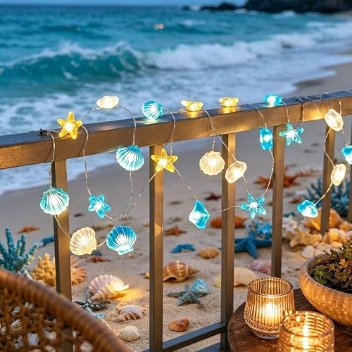 ZingBox Lichterkette Meerestiere, 1M 10LED Batterie Maritime Deko | Maritime Lichterkette mit Muscheln Seesternen Steinen, Deko für Badezimmer Kinderzimmer Garten Outdoor Strand Sommer Party