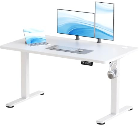 JUMMICO Höhenverstellbarer Schreibtisch 120x60cm, Elektrischer Schreibtisch mit 2 Speicherplätzen, Standing Desk mit 2 Memory Funktion Computertisch mit Kabeldurchführung und Haken, Weiß