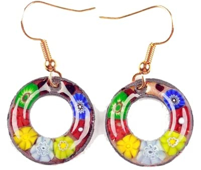 Paires de Boucles d'oreilles femme fleuries verre de Murano émail sur cuivre